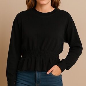 ZARA Basic Long Sleeve Top | Smocked Waist | Size S